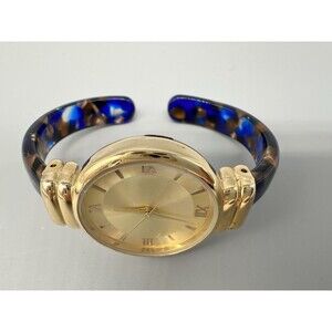 Blue & Brown Mottled Lucite Band Clamp Gold Tone Watch New Battery!